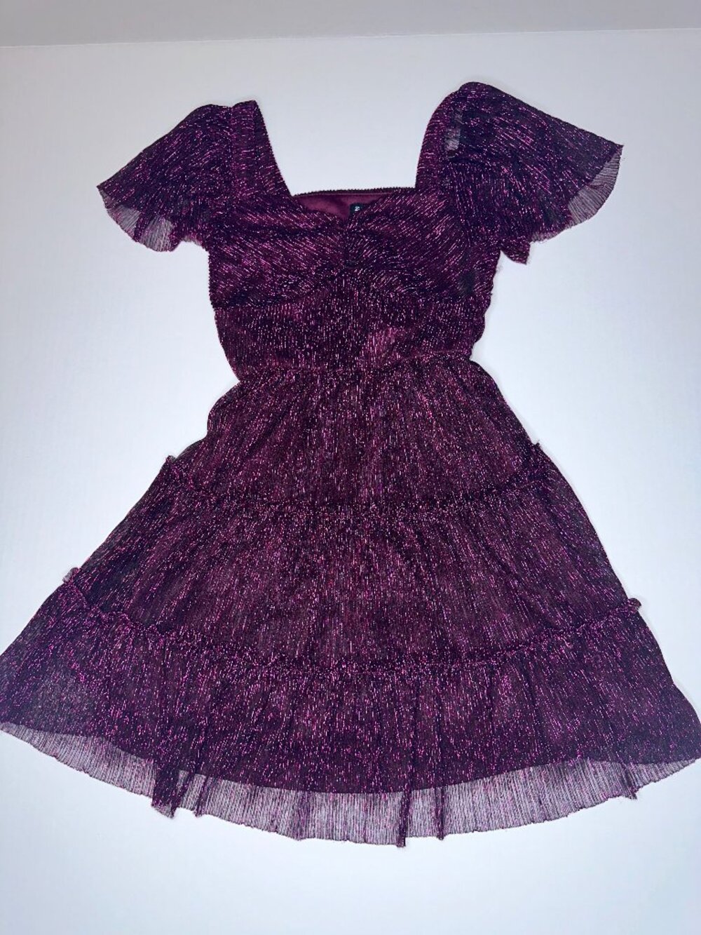 Zunie Girl Dress Sz 8 Burgundy sheer Overlay SPARKLE shimmer flouncy sleeves